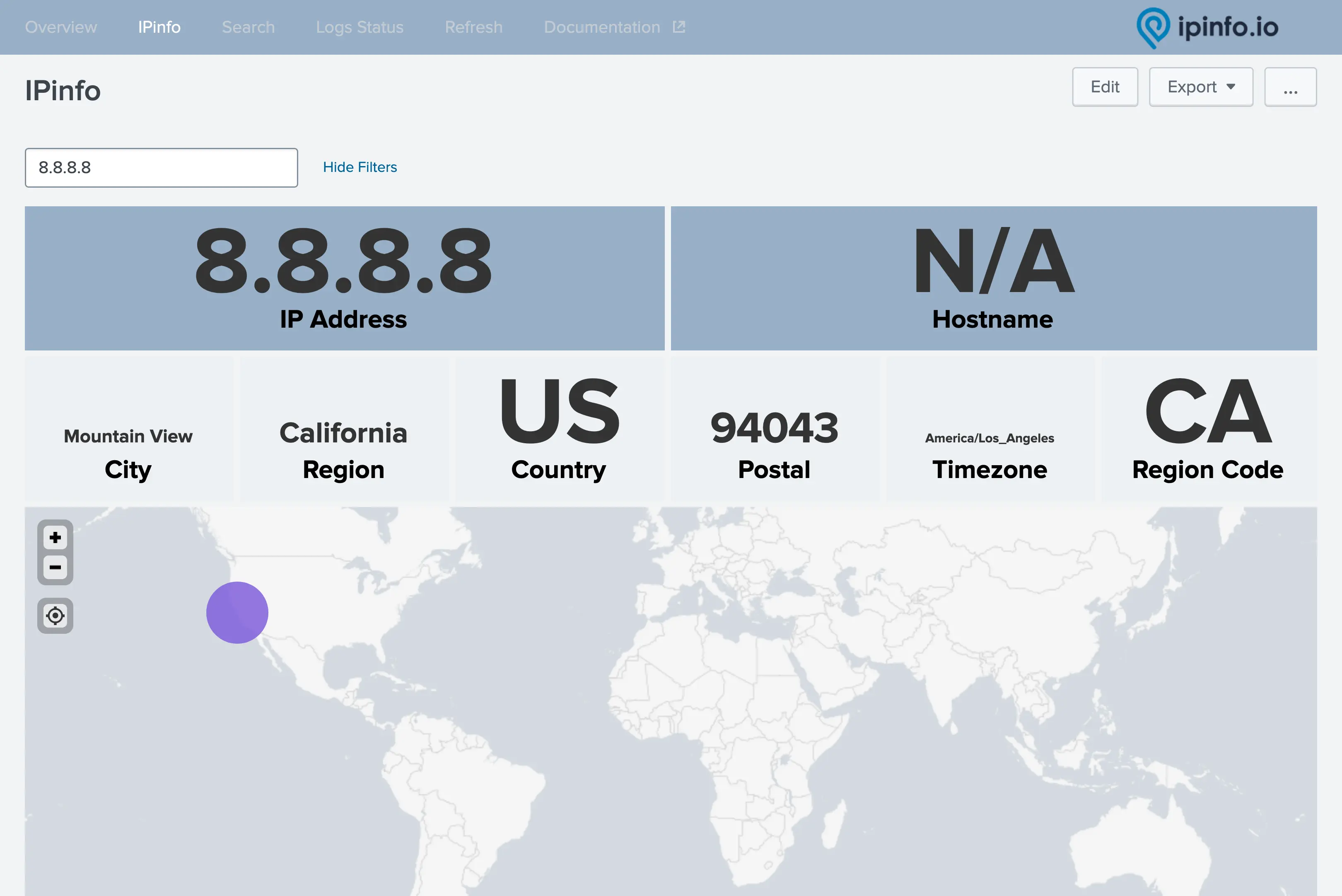 Screenshot showcasing an example of the IPinfo data being displayed from Splunk for the 8.8.8.8 IP address