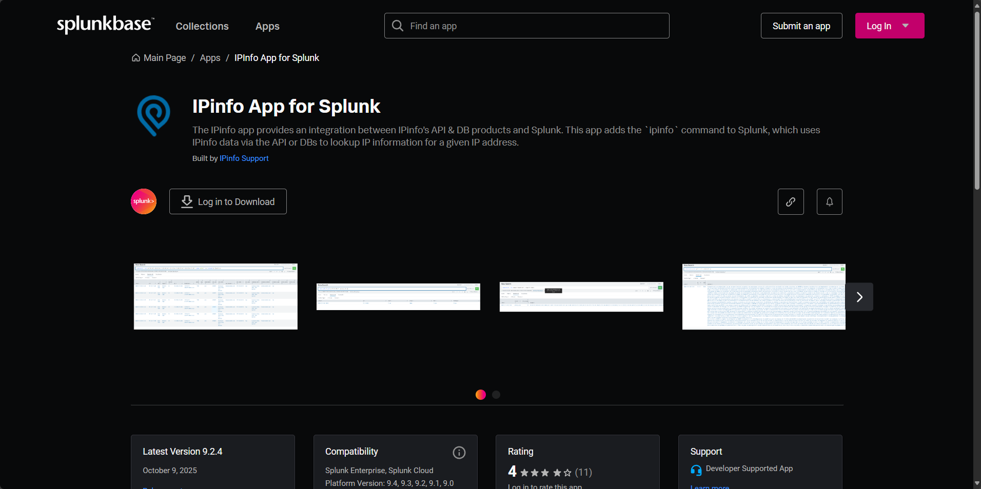 IPinfo Splunkbase App Page