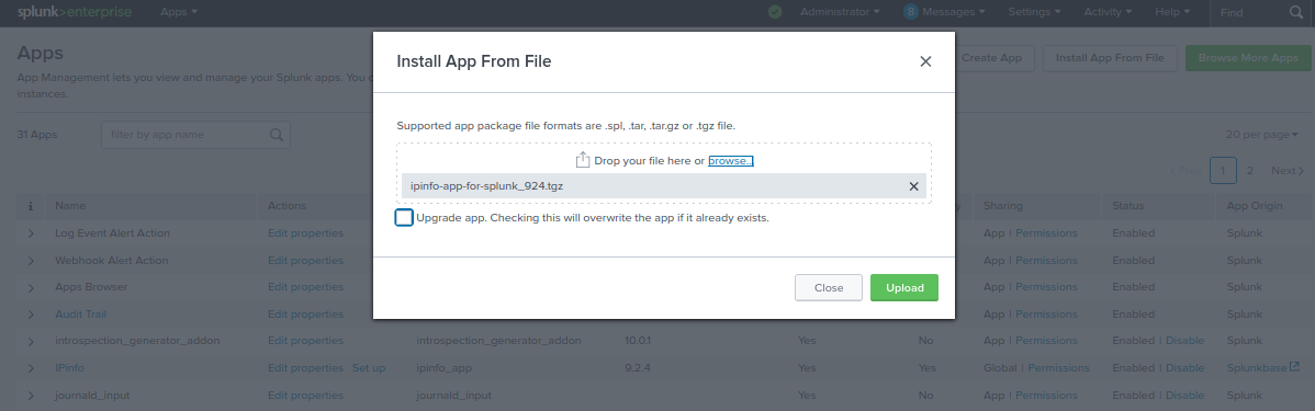 IPinfo Splunk app installation